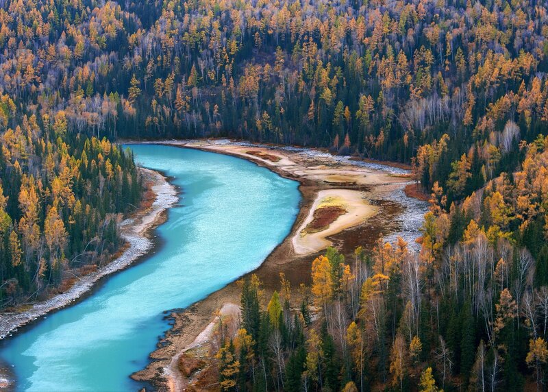 River Winding Through Forest — Blue, Serene, Autumn