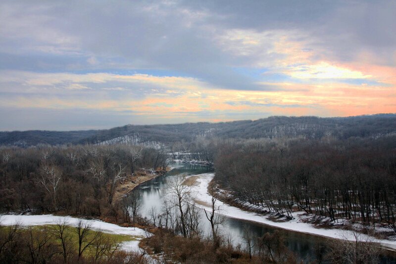 River Winding Through Forest — Blue, Serene, Winter