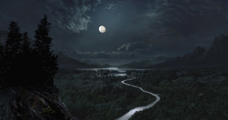 River Winding Through Forest — Dark Green