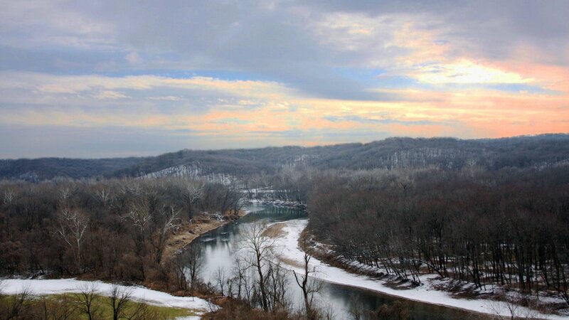 River Winding Through Forest — Gray