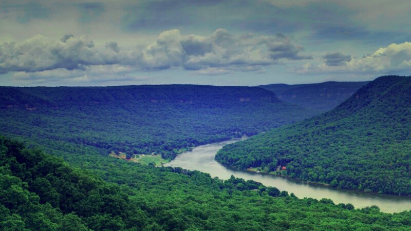River Winding Through Forest — Green, Dramatic, Afternoon, Photograph, Mountains, Clouds