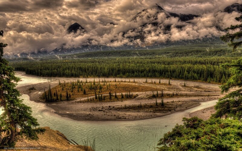 River Winding Through Forest — Green, Dramatic, Photograph, Mountains
