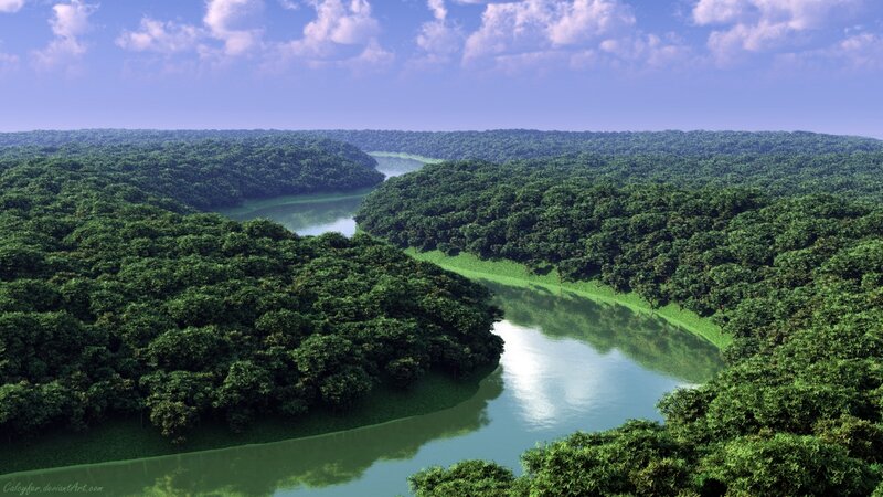 River Winding Through Forest — Green, Serene, Afternoon, Digital Art