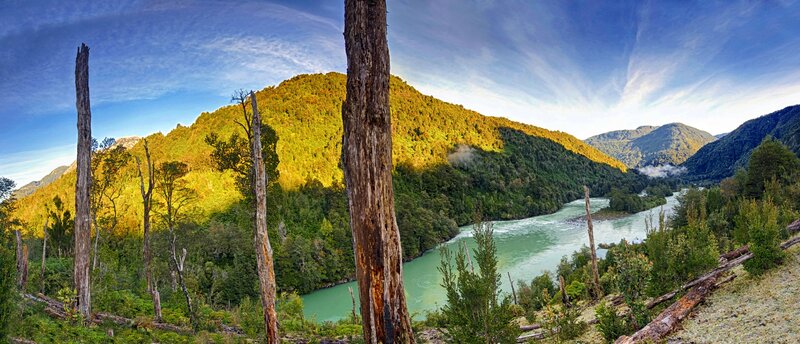 River Winding Through Forest — Green, Serene, Morning, Photograph, Mountains