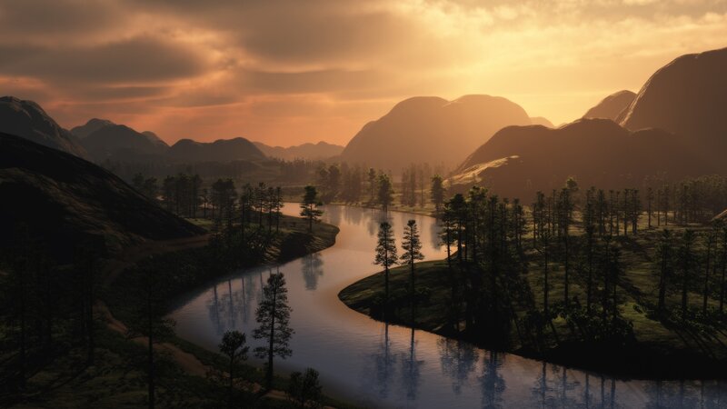 River Winding Through Forest — Orange