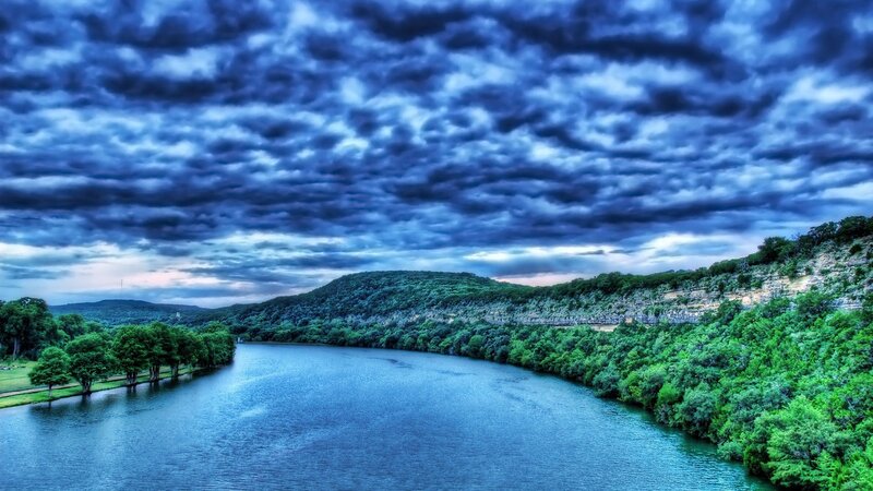 River Winding Through Hills — Blue, Dramatic, Sunset, Photograph, Clouds, Trees