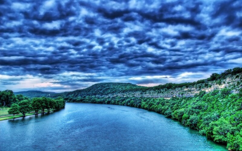 River Winding Through Hills — Blue, Dramatic, Sunset
