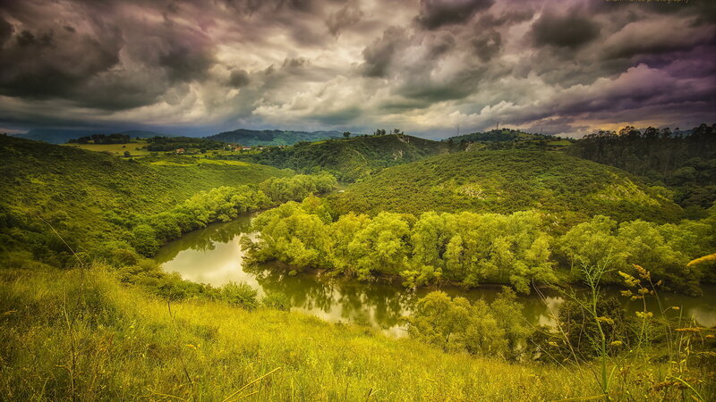 River Winding Through Hills — Green, Dramatic, Afternoon