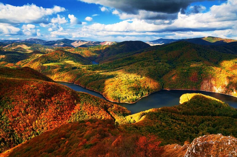 River Winding Through Hills — Green, Dramatic, Autumn