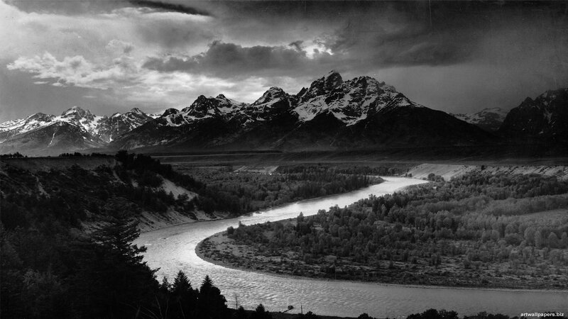 River Winding Through Mountains — Black