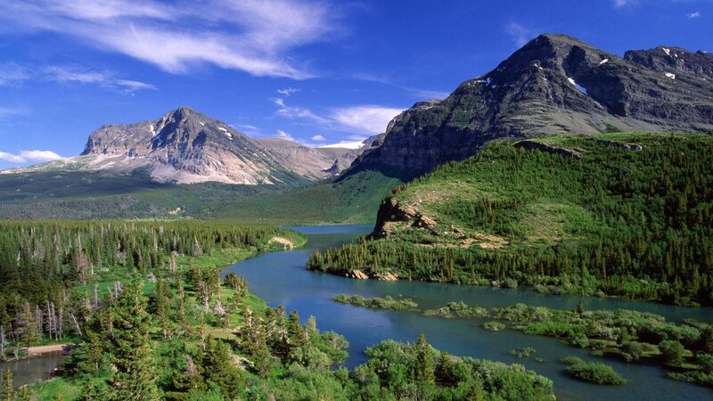 River Winding Through Mountains — Blue, Serene, Afternoon
