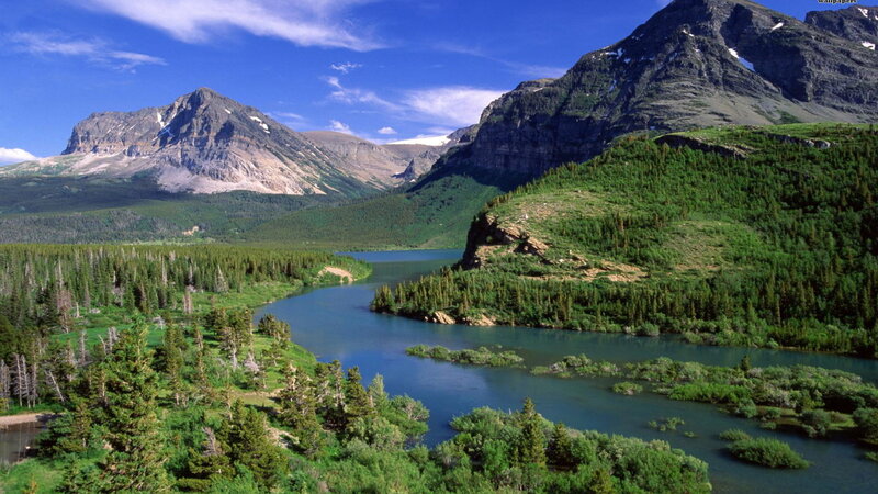 River Winding Through Mountains — Blue, Serene