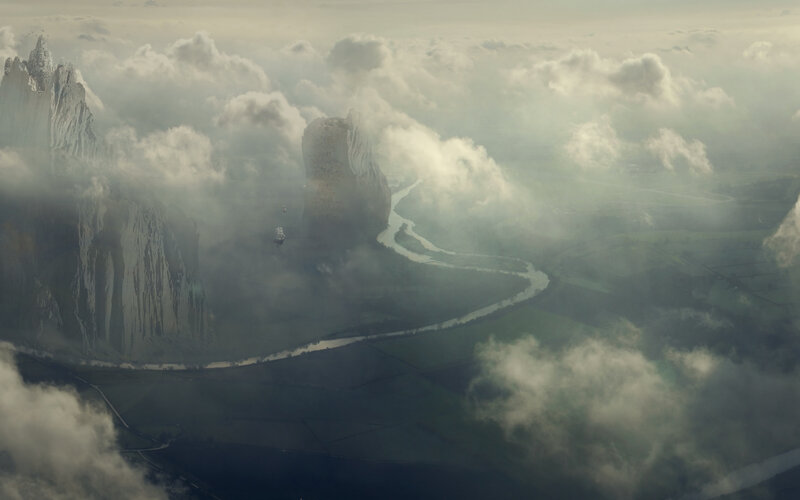 River Winding Through Mountains — Gray