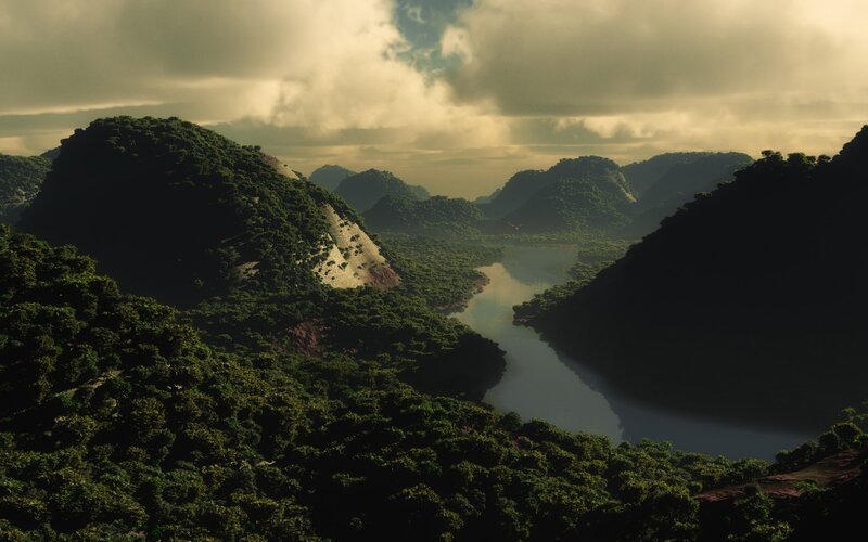 River Winding Through Mountains — Green, Dramatic, Afternoon, Digital Art