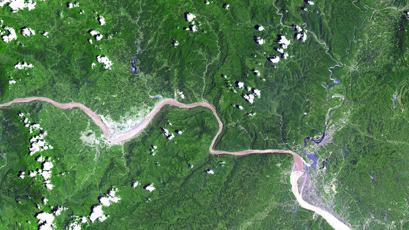 River Winding Through Mountains — Green, Natural