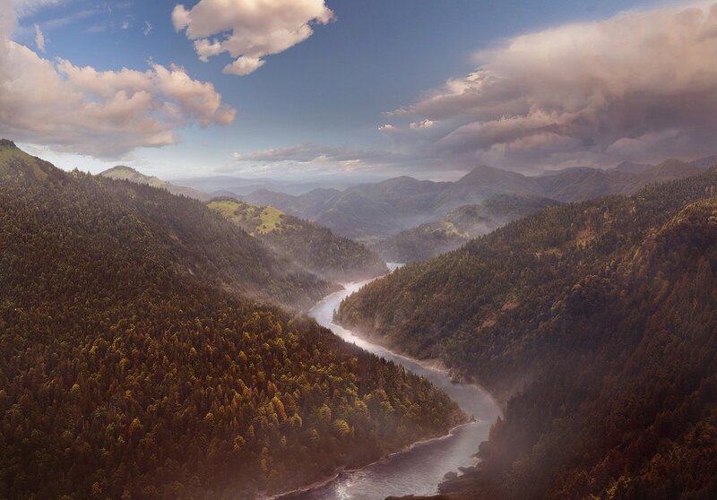 River Winding Through Mountains — Green, Serene, Afternoon