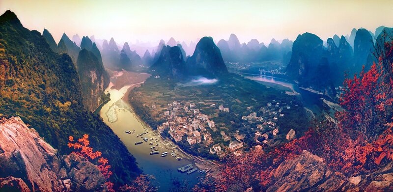 River Winding Through Mountains — Green, Serene