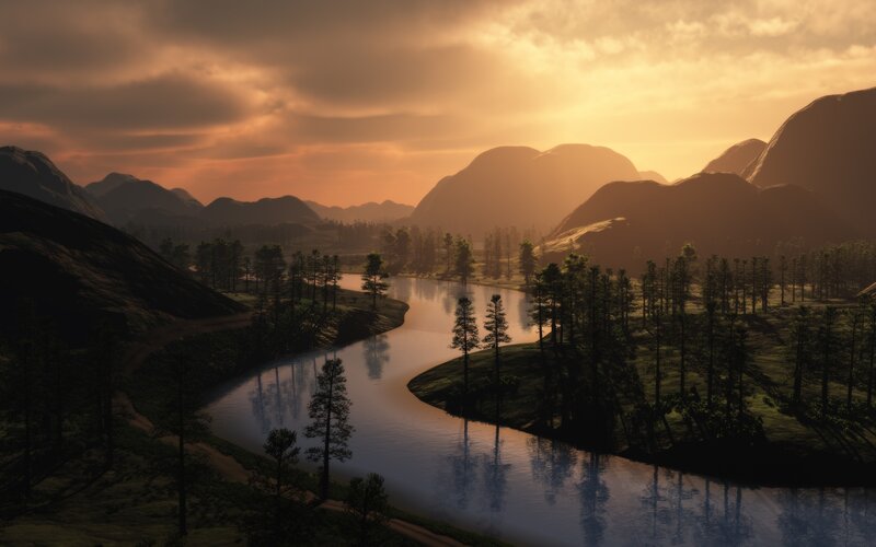 River Winding Through Mountains — Orange, Serene, Sunset