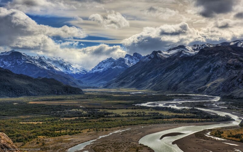 River Winding Through Valley — Blue, Dramatic, Afternoon, Photograph, Mountains, Clouds