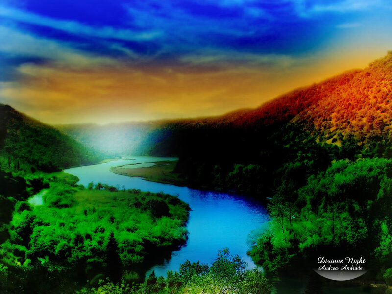 River Winding Through Valley — Blue, Dramatic, Sunset, Digital Art