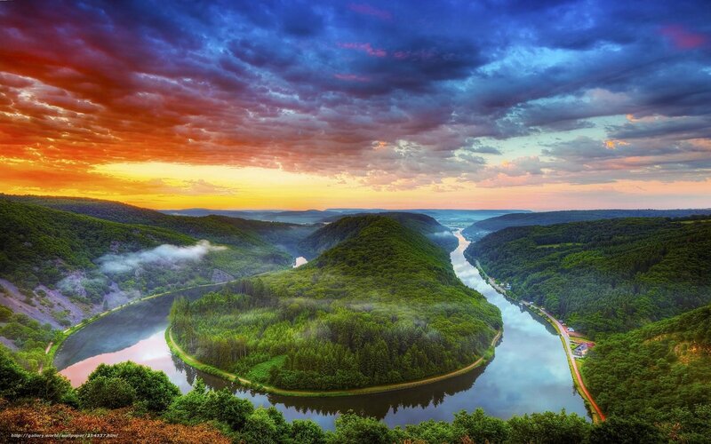 River Winding Through Valley — Blue, Dramatic, Sunset, Photograph, Clouds
