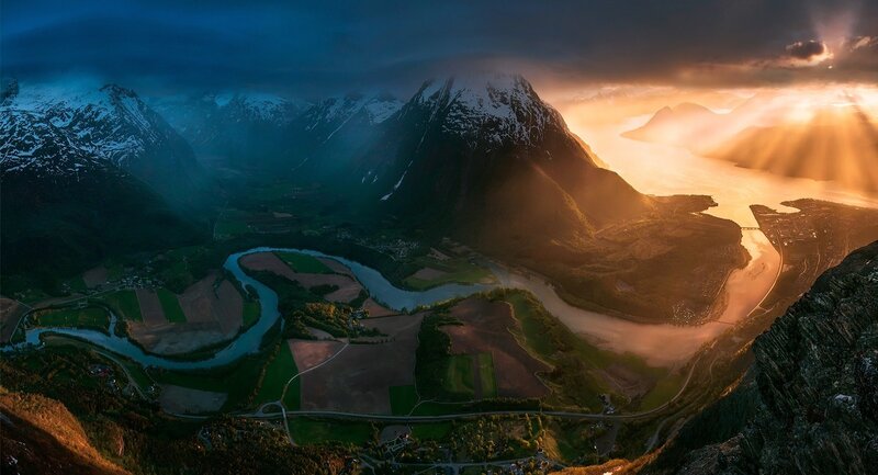River Winding Through Valley — Blue, Dramatic, Sunset, Photograph, Mountains, Sunlight