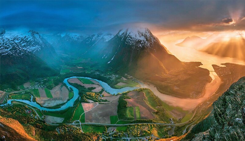 River Winding Through Valley — Blue, Dramatic, Sunset, Photograph, Mountains