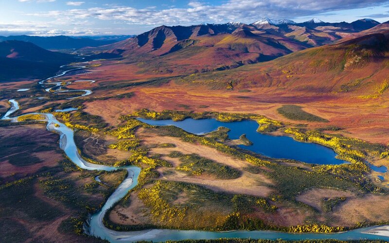 River Winding Through Valley — Blue, Serene, Autumn, Photograph