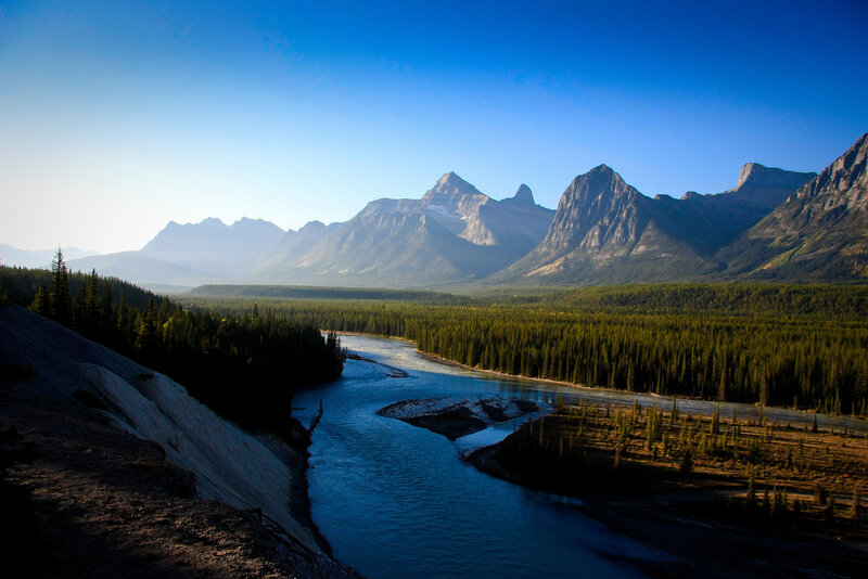 River Winding Through Valley — Blue, Serene, Morning
