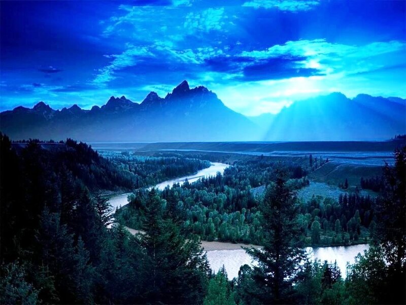 River Winding Through Valley — Blue