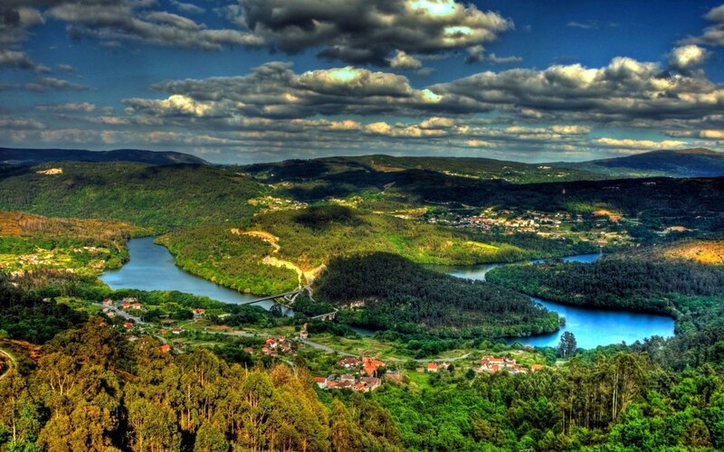 River Winding Through Valley — Green, Dramatic, Afternoon, Photograph, Hills