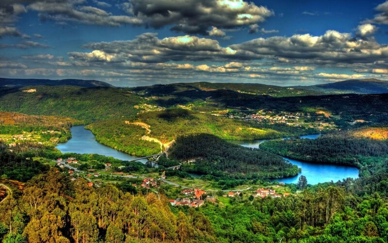 River Winding Through Valley — Green, Dramatic, Afternoon, Photograph, Hills, Villages, Bridge