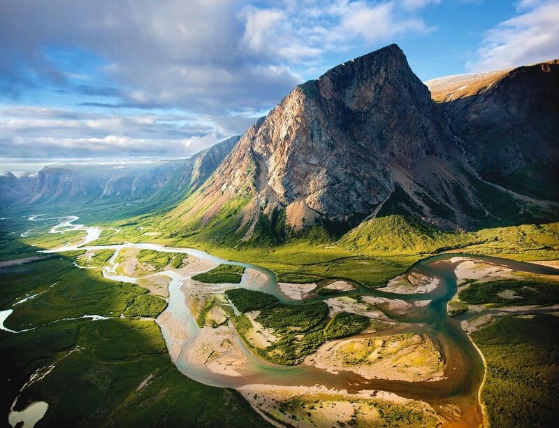 River Winding Through Valley — Green, Dramatic, Afternoon, Photograph, Mountain