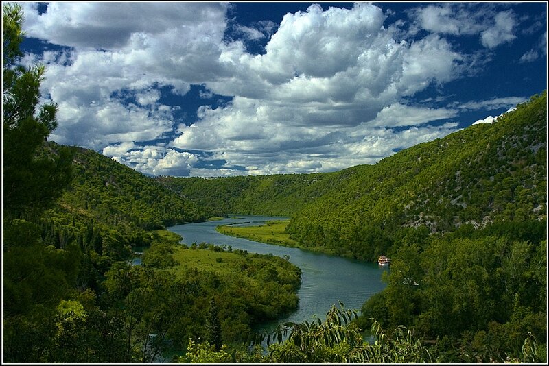 River Winding Through Valley — Green, Dramatic, Afternoon