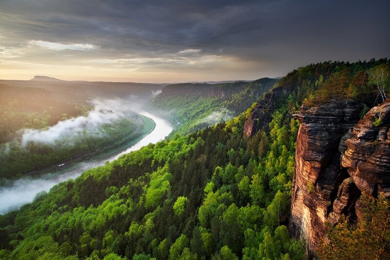 River Winding Through Valley — Green, Dramatic, Morning, Photograph