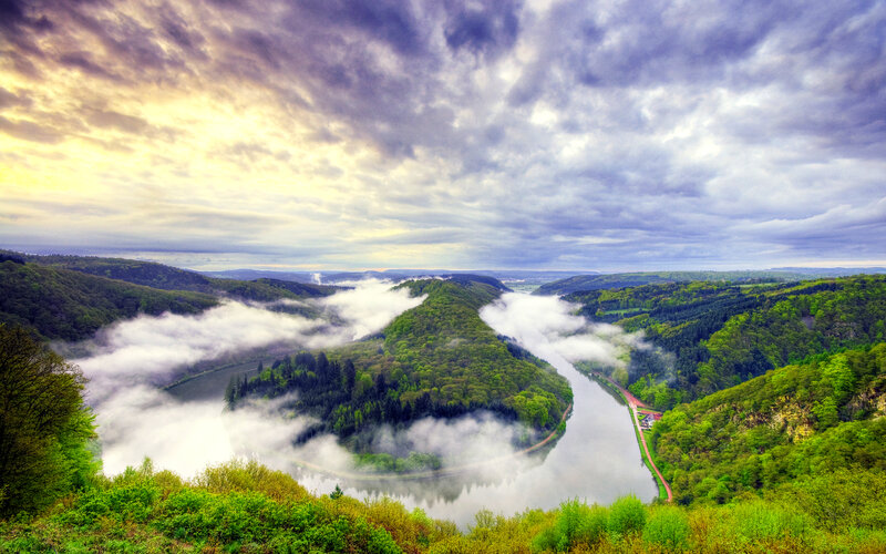 River Winding Through Valley — Green, Dramatic, Morning