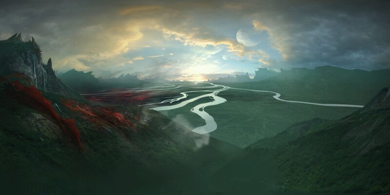 River Winding Through Valley — Green, Dramatic, Sunset, Digital Art