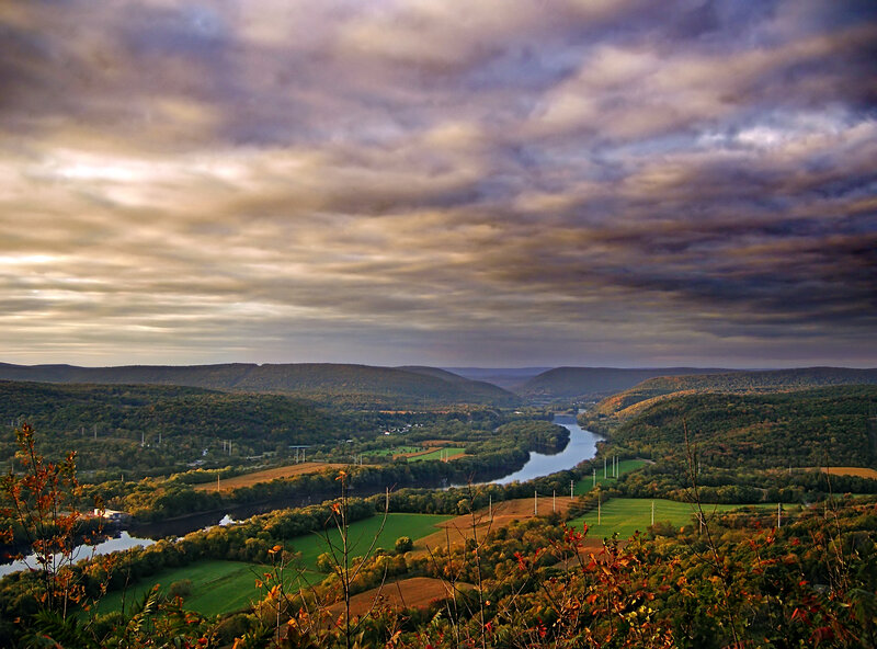 River Winding Through Valley — Green, Dramatic, Sunset, Photograph, Hills