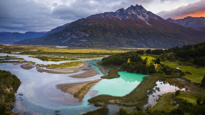 River Winding Through Valley — Green, Dramatic, Sunset, Photograph, Mountains, Trees