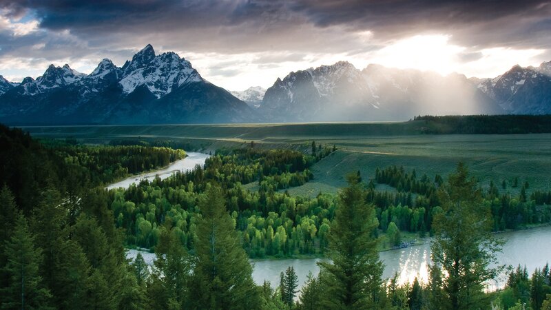 River Winding Through Valley — Green, Dramatic, Sunset