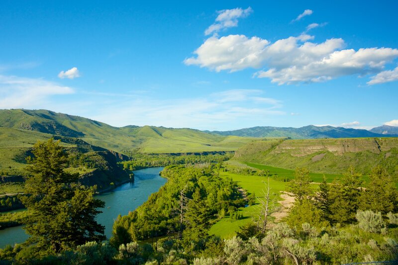 River Winding Through Valley — Green, Serene, Afternoon, Photograph, Hills