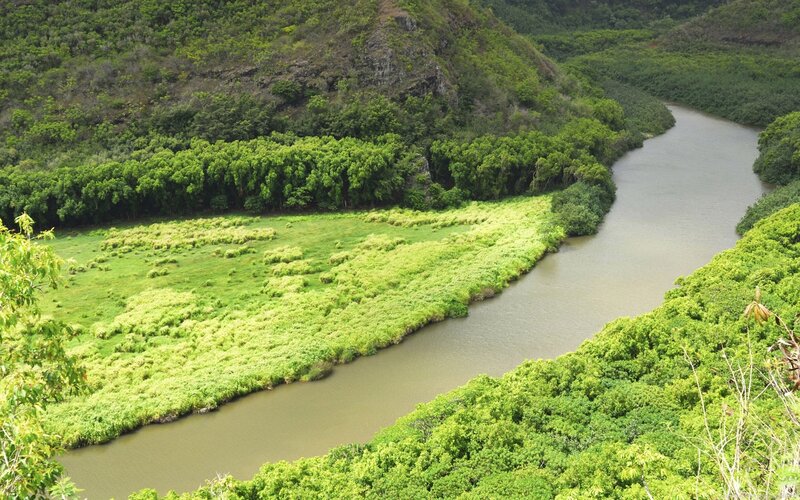 River Winding Through Valley — Green, Serene, Afternoon, Photograph, Trees, Hills, Brown