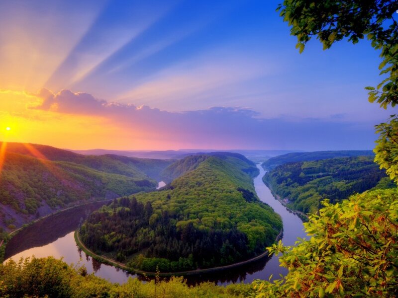 River Winding Through Valley — Green, Serene, Sunrise