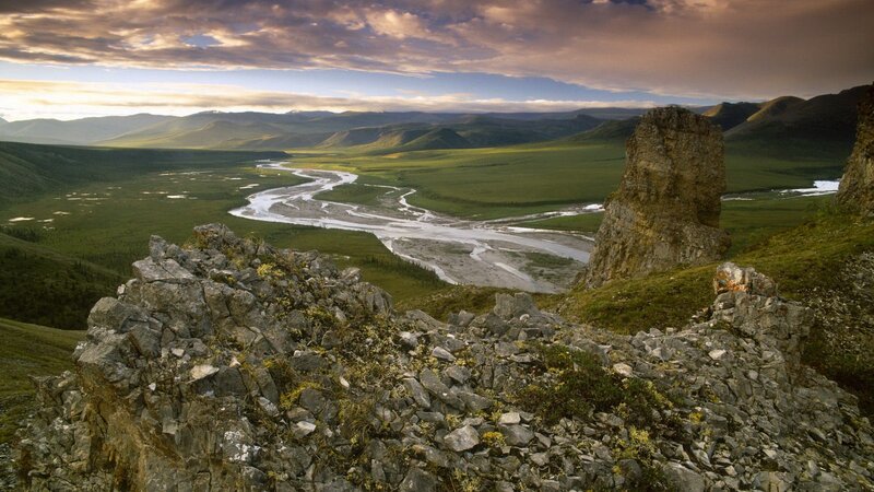 River Winding Through Valley — Green, Serene, Sunset, Photograph