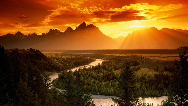 River Winding Through Valley — Orange, Dramatic, Sunrise, Photograph
