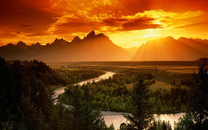 River Winding Through Valley — Orange, Dramatic, Sunset, Photograph, Mountains, Forest, Sky