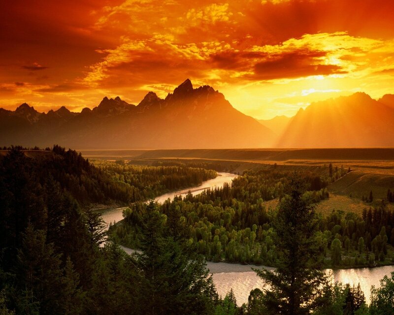 River Winding Through Valley — Orange, Dramatic, Sunset, Photograph, Mountains, Forest, Sky, Yellow