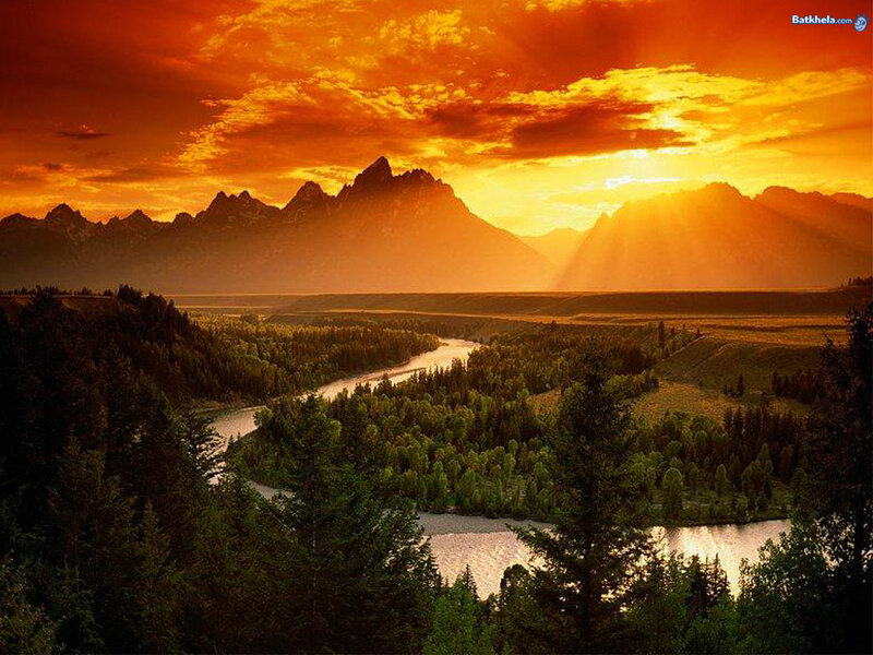 River Winding Through Valley — Orange, Dramatic, Sunset, Photograph, Mountains