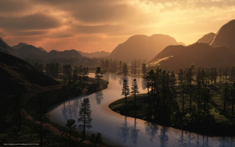 River Winding Through Valley — Orange, Serene, Sunset, 3d Render