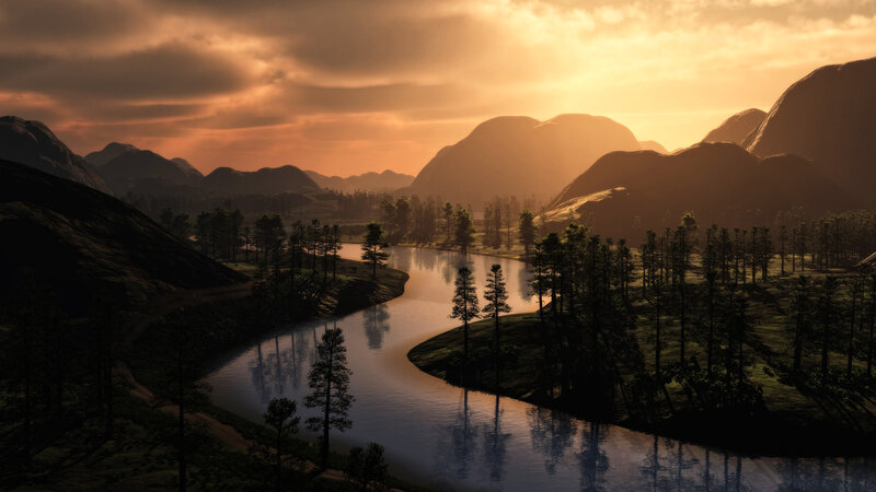 River Winding Through Valley — Orange, Serene, Sunset